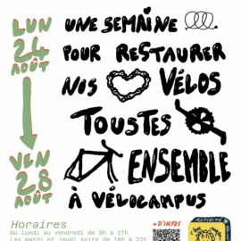 Le Réparathon, du lundi 24 août au jeudi 28 août à Vélocampus Le Réparathon, du lundi 24 août au jeudi 28 août à Vélocampus